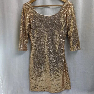 Babe Society gold sequins mini party dress, 3/4 sleeve women's size Medium D5
